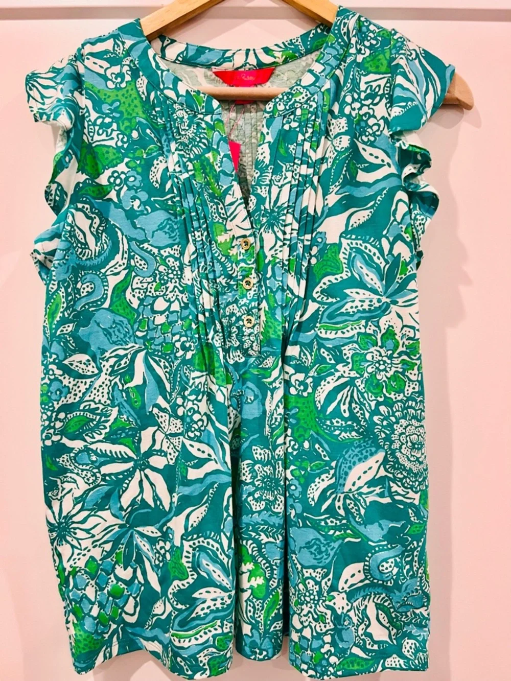 Lilly Pulitzer Teal Tropical Print Pleated Blouse Ruffle Sleeve lightweight Chic - Picture 4 of 8